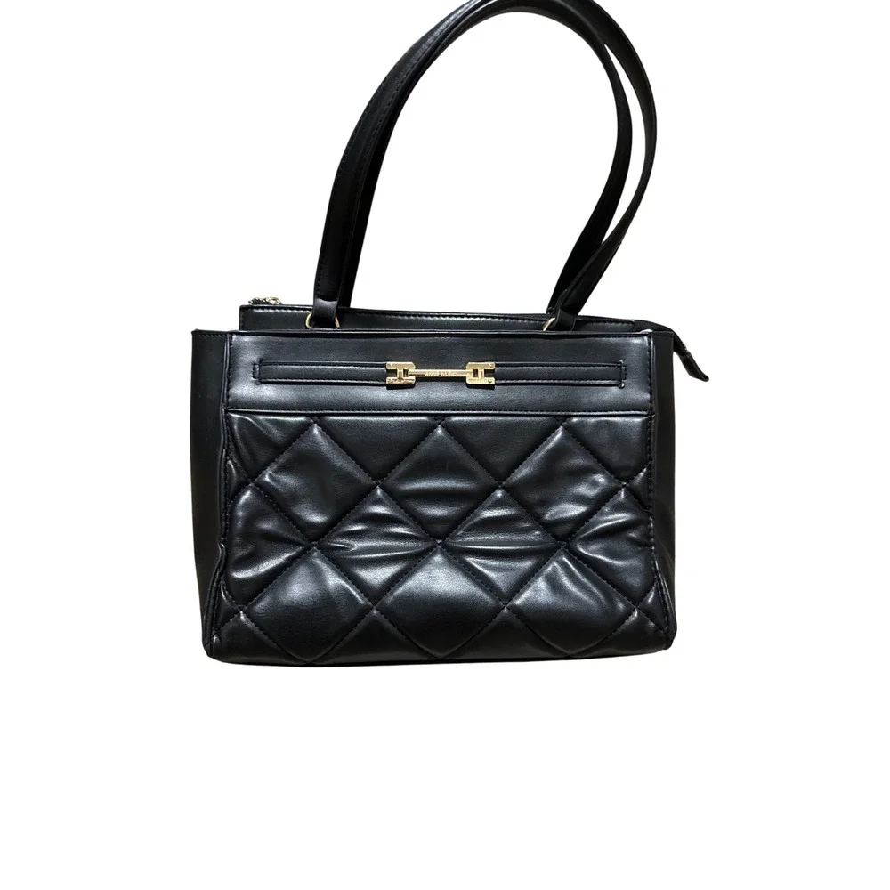Black‎ Quilted Tote Handbag Gold Accent Top Zip Closure